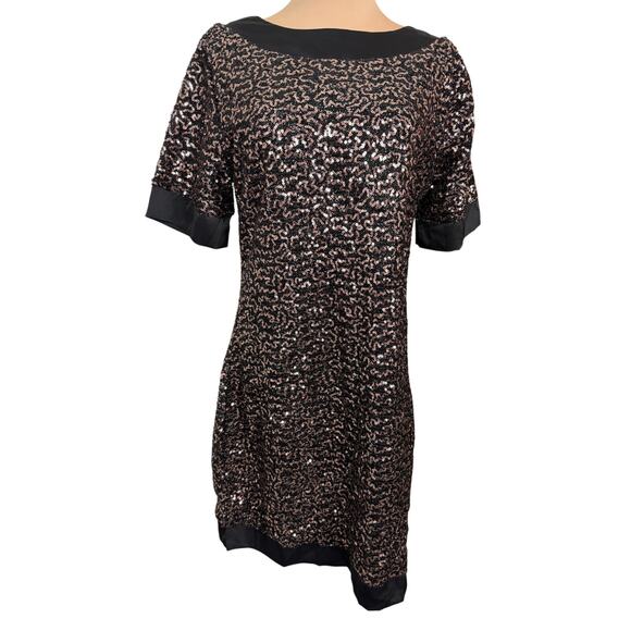 Black Copper Sequin Mini Dress L Satin Bow Back Cocktail Party Dress - Picture 1 of 4